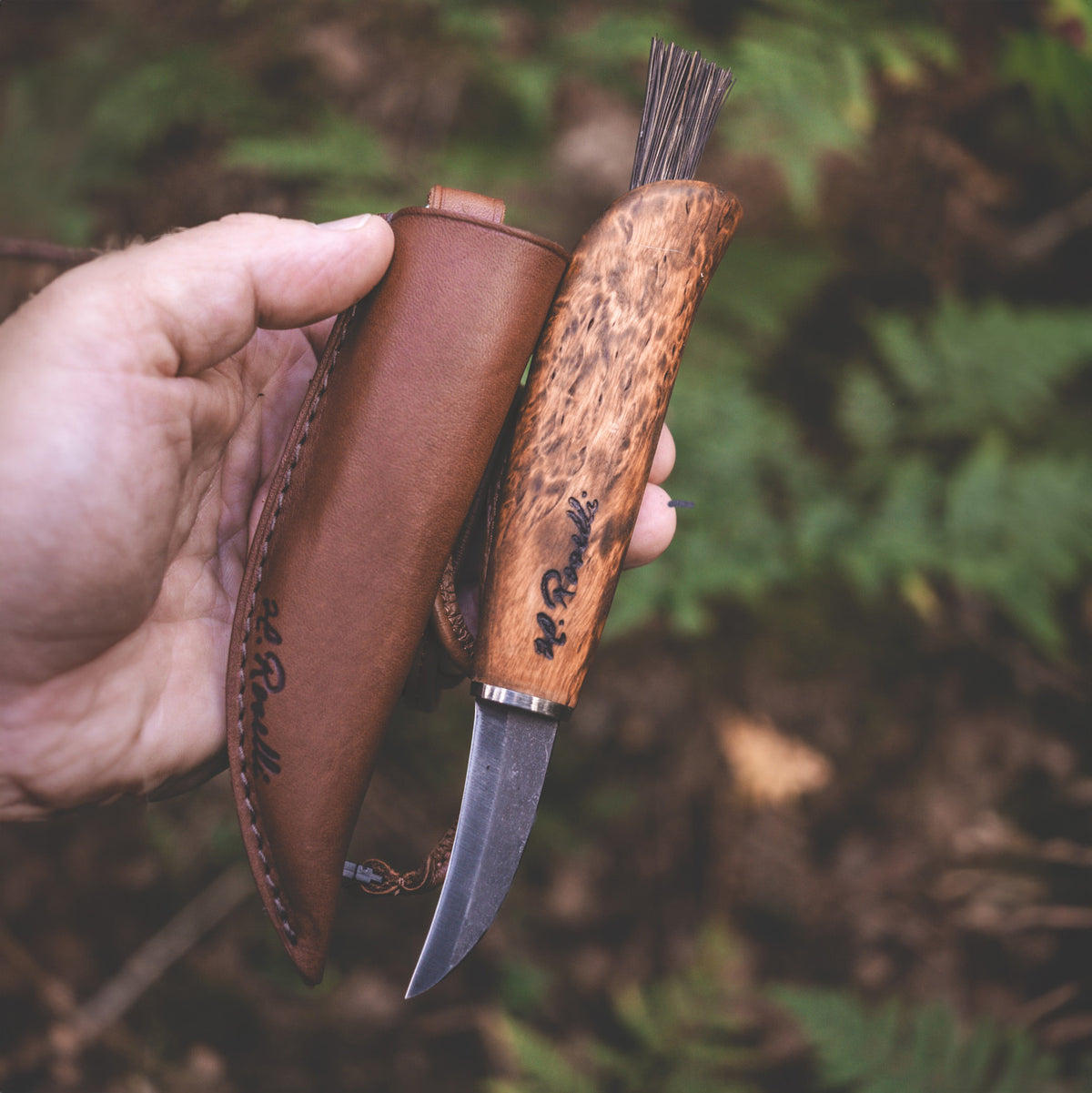 Finnish handmade mushroom knife made from carbon steel and curly birch. Comes with a handmade leather sheath and a mushroom brush made from arenga fiber