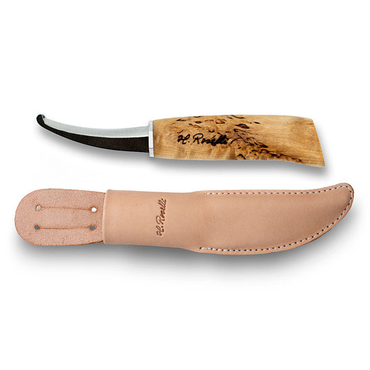 Handmade Finnish hunting knife from Roselli in model "opening knife" with a round tip and a handle made out of curly birch 