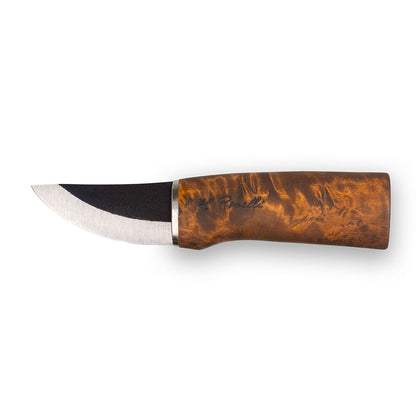 Handmade Finnish short hunting knife for outdoor and smaller game hunting. Comes with a handmade leather sheath. 