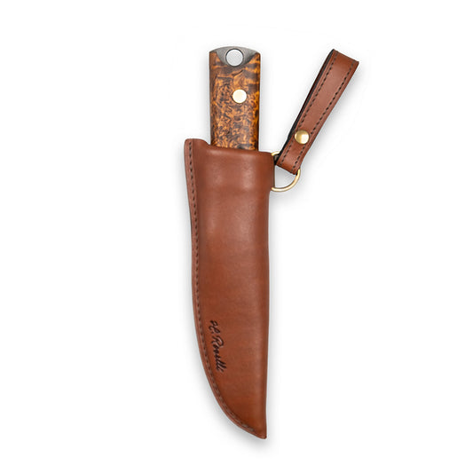 Handmade Finnish bushcraft knife from Roselli in model "Heimo 4" with a full tang blade and a handle made out of stained curly birch 
