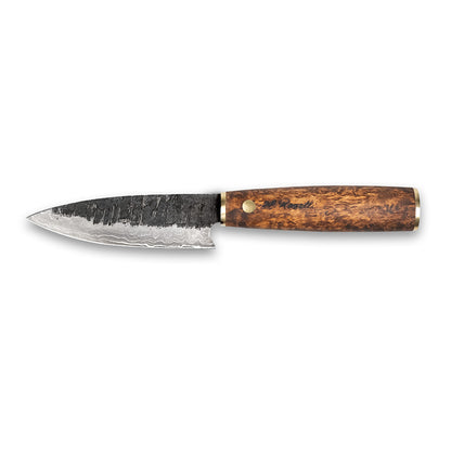 Handmade allround kitchen knife made from Damascus steel. Comes with a handmade leather sheath made from Finnish leather. 