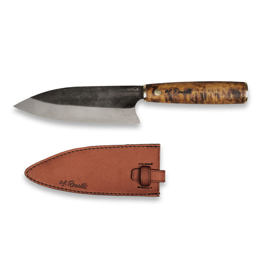 Roselli's handcrafted kitchen knife in high-carbon steel (UHC steel) with a stained curly birch handle. Delivered with a handmade leather sheath.