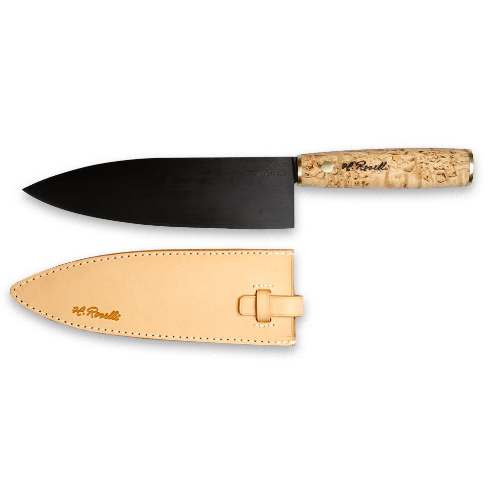 Roselli's Finnish handmade kitchen knife inspired from Japan with name "Gyuto". Carbon steel blade and comes with a handmade light leather sheath. 