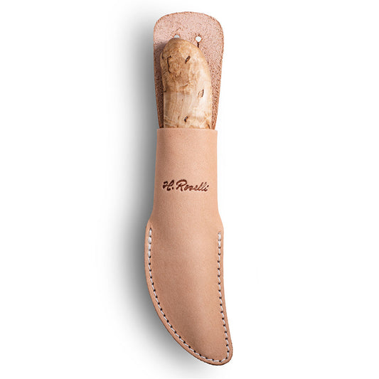 Handmade Finnish knife from Roselli in model "Little carpenter knife / Scout knife" with a blunt tip and handle made out of curly birch.