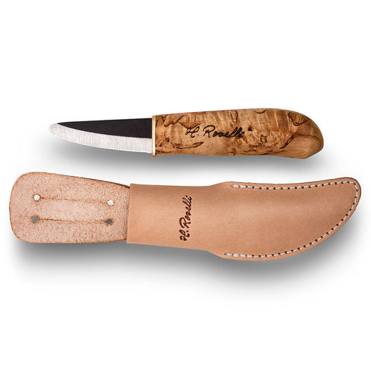 Handmade Finnish knife from Roselli in model "Little carpenter knife / Scout knife" with a blunt tip and handle made out of curly birch.