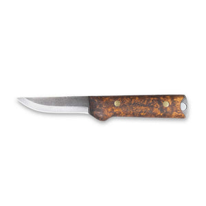Handmade Finnish bushcraft knife from Roselli in model "Heimo 4" with a full tang blade and a handle made out of stained curly birch 