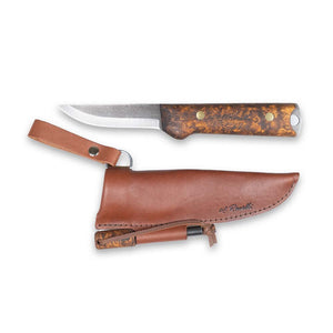 Handmade Finnish bushcraft knife from Roselli in model "Heimo 4" with a full tang blade and a handle made out of stained curly birch 