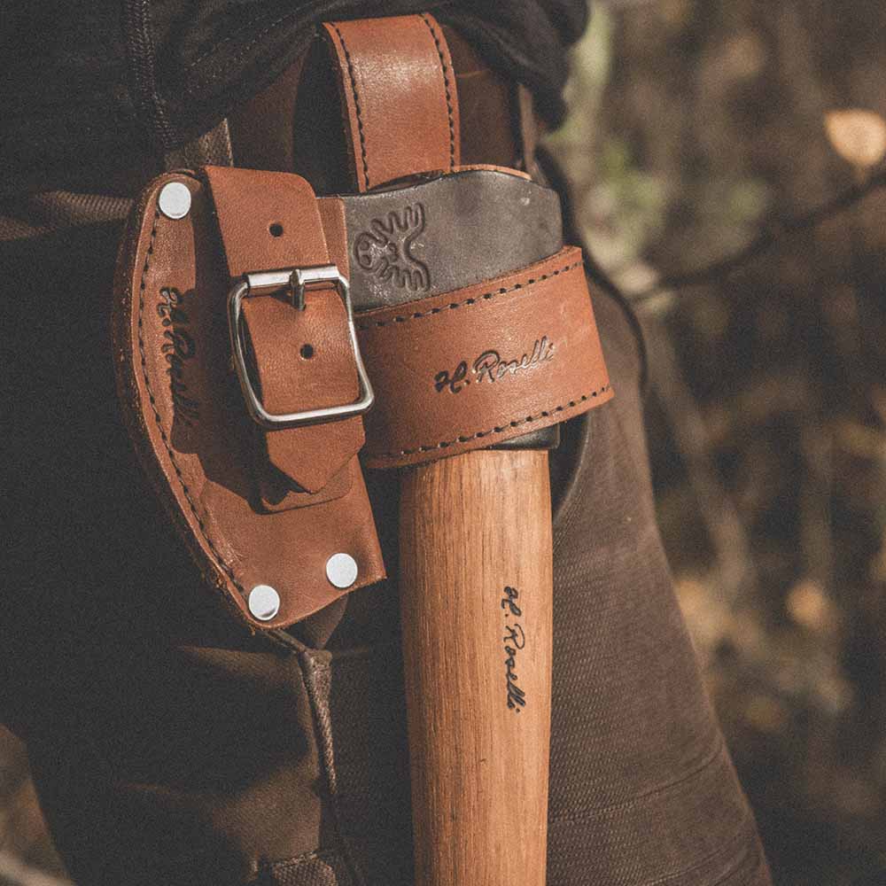 Roselli's Finnish handmade axe holster made out of our dark vegetable leather.